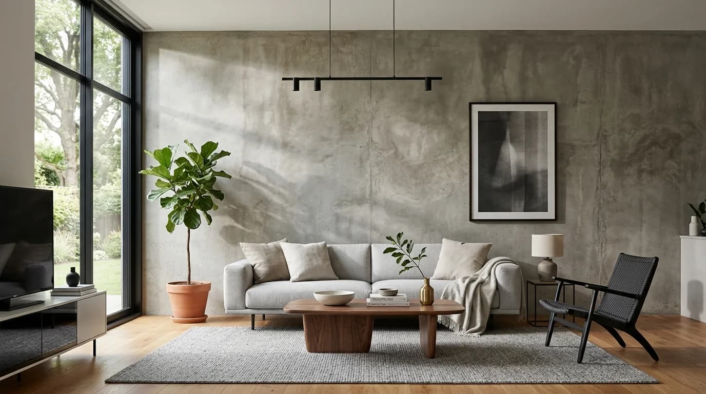 Mur accent en béton ciré dans un salon contemporain
