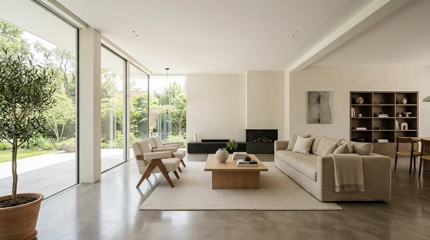Sol en béton ciré dans un salon moderne avec lumière naturelle