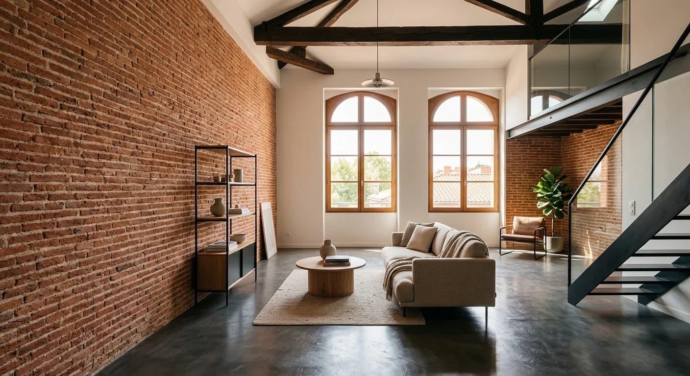 Intérieur toulousain avec mur en brique et sol en béton ciré